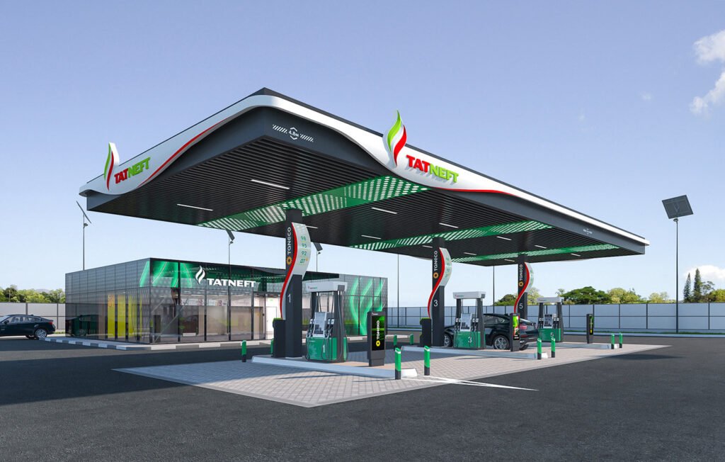 a gas station with cars parked in front of it